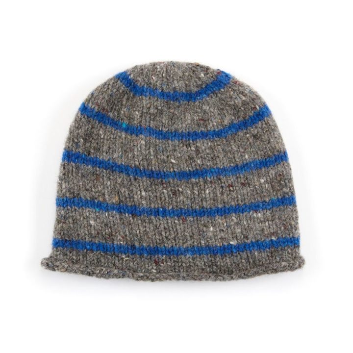 The Donegal Wool Beanie Hat Grey and Blue Striped