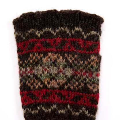 Hand Knitted Fair Isle Shetland Wool Fingerless Gloves Detail Peat Brown