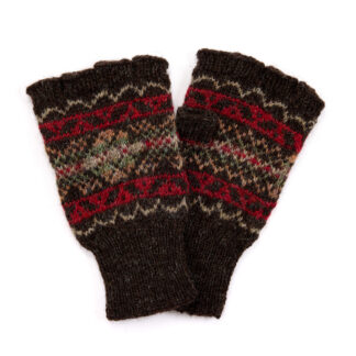 Hand Knitted Fair Isle Shetland Wool Fingerless Gloves Peat Brown
