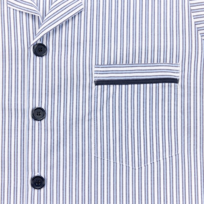 Men and Womens Blue and White Striped Cotton Pyjamas Top Detail