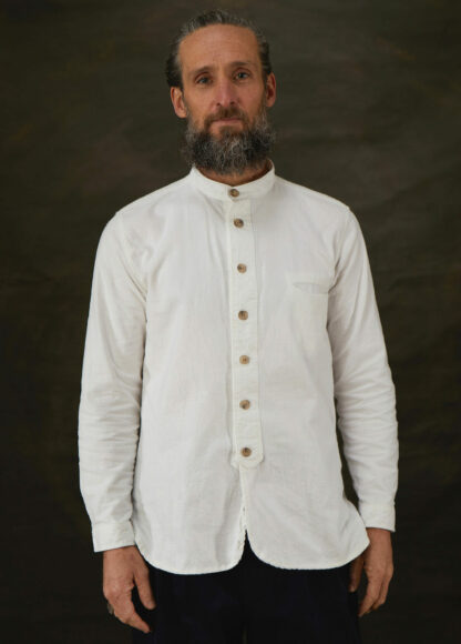 The Very English Mens Collarless Cream Cotton Shirt Front View