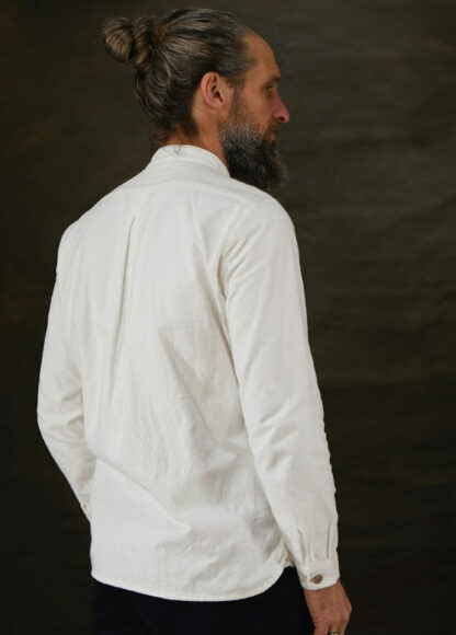 The Very English Mens Collarless Cream Cotton Shirt Back View