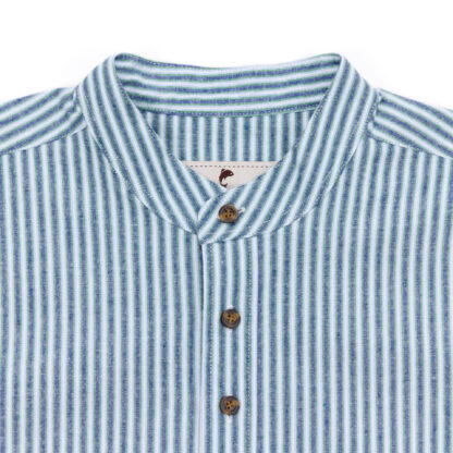 Mens Collarless Green Striped Cotton Shirt Detail of Collar