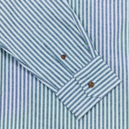 Mens Collarless Green Striped Cotton Shirt Detail of Cuff