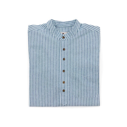 Mens Collarless Green Striped Cotton Shirt Folded