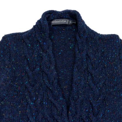 The Horseshoe Cable Knit Womens Blue Wool and Cashmere Long Cardigan Detail of Collar
