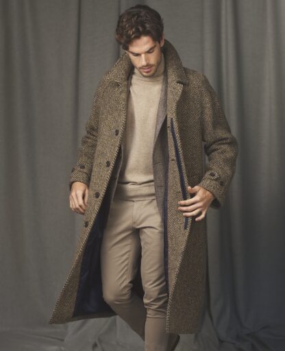 The Corrib Mens Donegal Tweed Overcoat Navy Camel Detail With Model 2