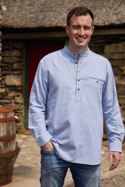 Mens Pale Blue Cotton Flannel Grandfather Shirt 3