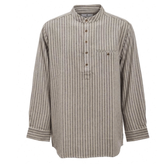 Mens Collarless Grandfather Flannel Shirt Beige Maroon Stripe