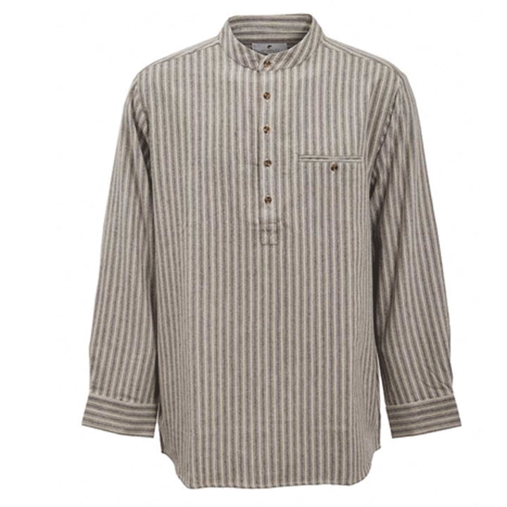 Mens Collarless Grandfather Flannel Shirt Beige Maroon Stripe