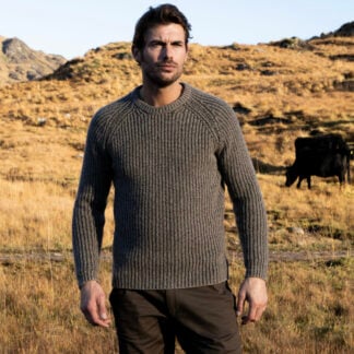 Mens Raglan Crew Neck Ribbed Cashmere and Merino Wool Jumper Clay Charcoal