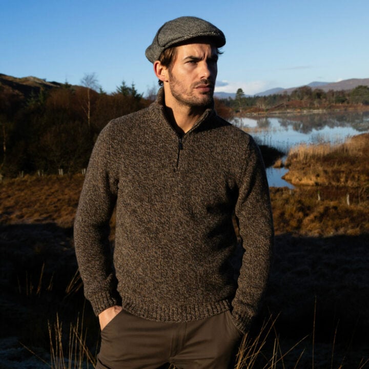 Mens Turf Cashmere and Merino Wool Chunky Marled Zip Neck Jumper