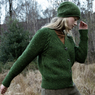 Womens Shamrock Green Raglan Cable Knit Donegal Merino Wool Cardigan
