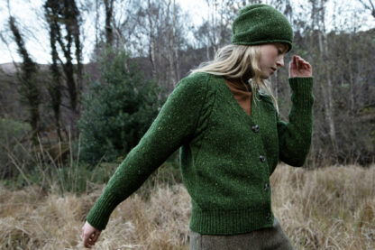 Womens Shamrock Green Raglan Cable Knit Donegal Merino Wool Cardigan
