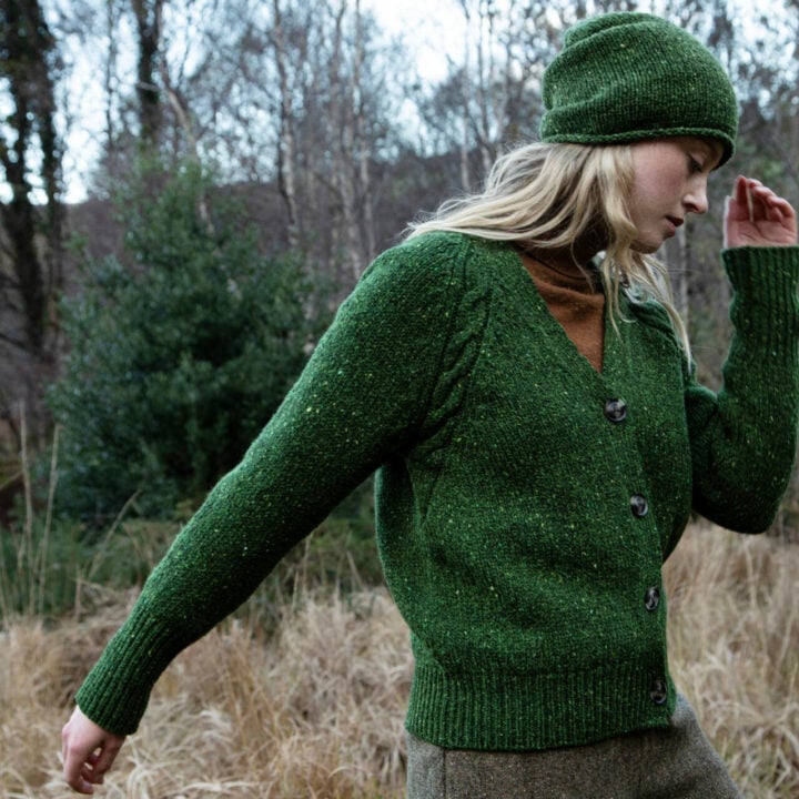 Womens Shamrock Green Raglan Cable Knit Donegal Merino Wool Cardigan