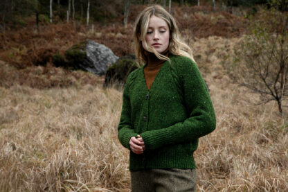 Womens Shamrock Green Raglan Cable Knit Donegal Merino Wool Cardigan Front
